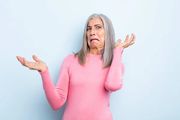 Middle Age Gray Hair Woman Shrugging Dumb Crazy Confused Puzzled — Stockfoto