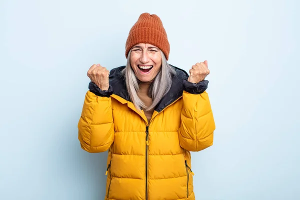 Middle Age Gray Hair Woman Shouting Aggressively Angry Expression Cold — Stock Photo, Image