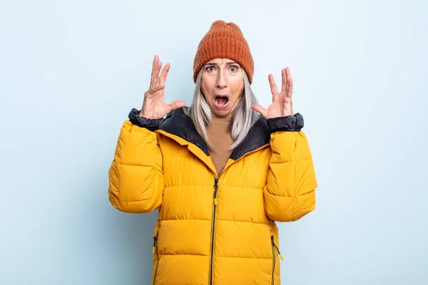 Middle Age Gray Hair Woman Screaming Hands Air Cold Weather — Stock Photo, Image