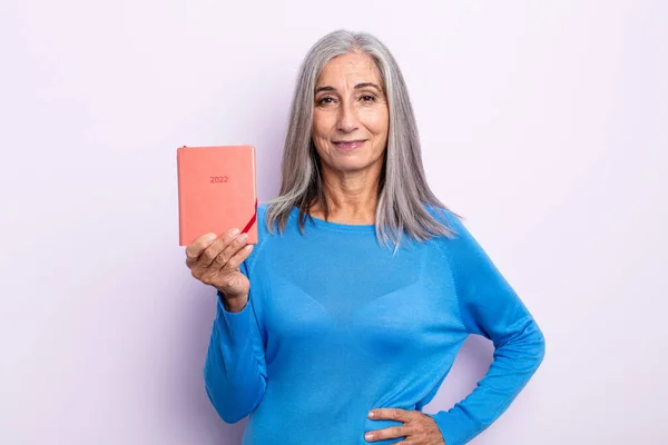 Middle Age Gray Hair Woman Smiling Happily Hand Hip Confident — Stock Photo, Image