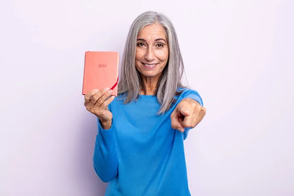 Middle Age Gray Hair Woman Pointing Camera Choosing You 2022 — Stock Photo, Image