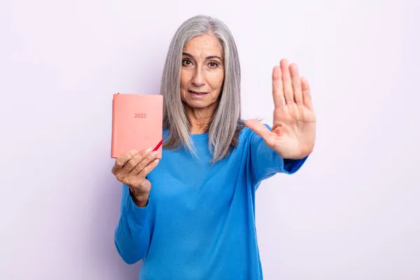 Middle Age Gray Hair Woman Looking Serious Showing Open Palm — Stock Photo, Image