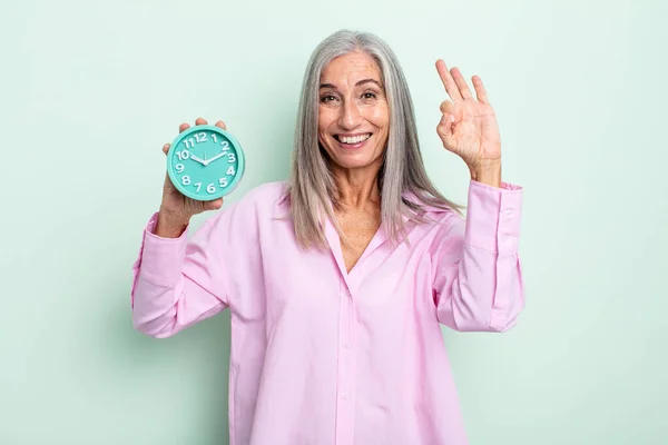 Middle Age Gray Hair Woman Feeling Happy Showing Approval Okay — Stock Photo, Image