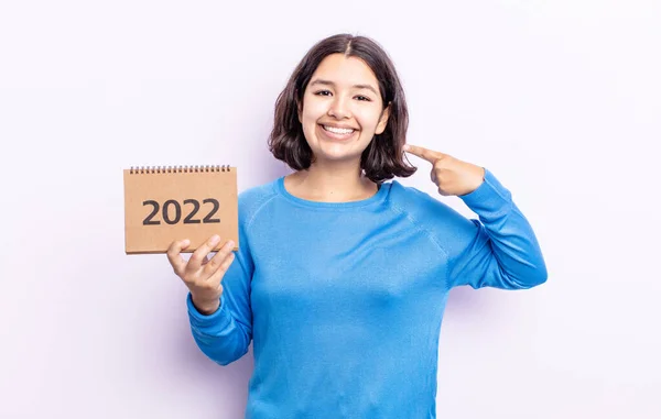 Pretty Young Woman Smiling Confidently Pointing Own Broad Smile 2022 — Stock Photo, Image