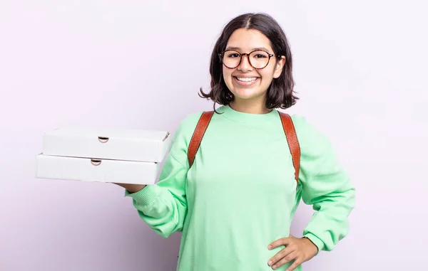 Pretty Young Woman Smiling Happily Hand Hip Confident Take Away — Stock Photo, Image