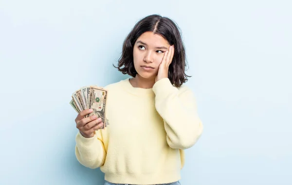 Pretty Young Woman Feeling Bored Frustrated Sleepy Tiresome Dollar Banknotes — Stock Photo, Image
