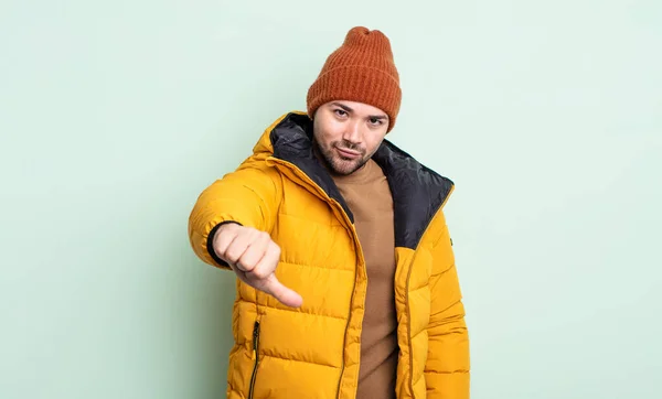 Young Handsome Man Feeling Cross Showing Thumbs Cold Weather Concept — Stock Photo, Image