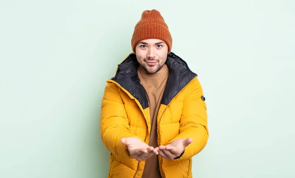 Young Handsome Man Smiling Happily Friendly Offering Showing Concept Cold — Stock Photo, Image
