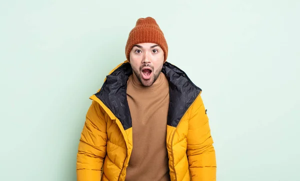 Young Handsome Man Looking Very Shocked Surprised Cold Weather Concept — Stock Photo, Image