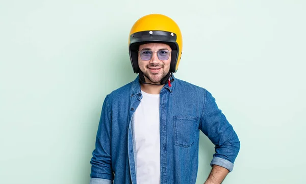 Young Handsome Man Smiling Happily Hand Hip Confident Motorbike Helmet — Stock Photo, Image