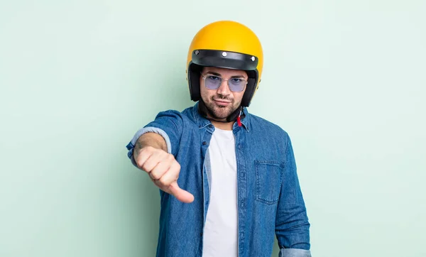 Young Handsome Man Feeling Cross Showing Thumbs Motorbike Helmet Concept — Stock Photo, Image