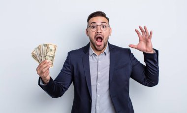 Genç yakışıklı adam ellerini havaya kaldırarak çığlık atıyor. Dolar banknotları konsepti