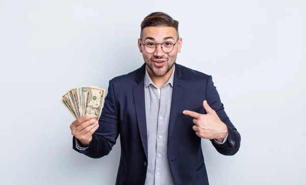 Young Handsome Man Feeling Happy Pointing Self Excited Dollar Banknotes — Stock Photo, Image