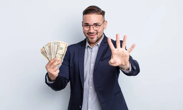 Young Handsome Man Smiling Looking Friendly Showing Number Four Dollar — Stock Photo, Image