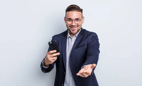 Young Handsome Man Smiling Happily Friendly Offering Showing Concept Business — Stock Photo, Image