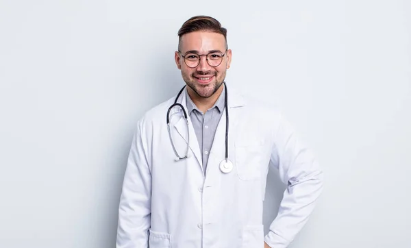 Young Handsome Man Smiling Happily Hand Hip Confident Physician Concept — Stock Photo, Image