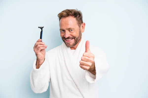 Middle Age Man Feeling Proud Smiling Positively Thumbs Shave Concept — Stock Fotó