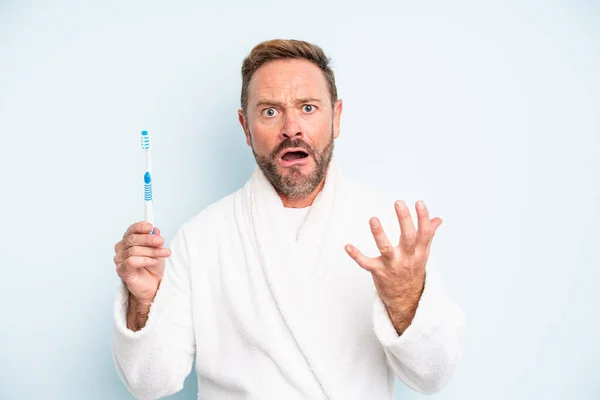 Middle Age Man Looking Desperate Frustrated Stressed Toothbrush Concept — Stock fotografie