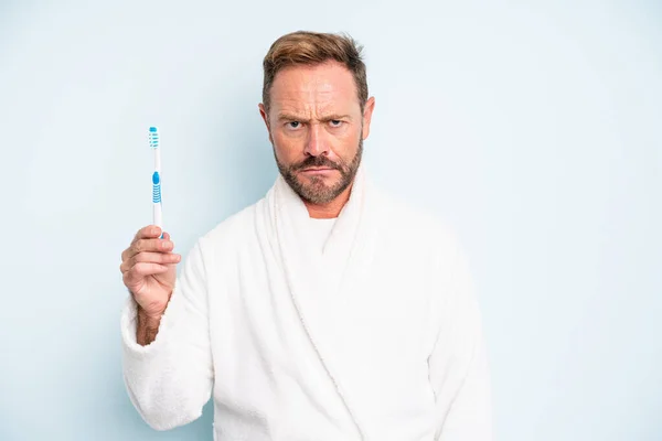 Middle Age Man Feeling Puzzled Confused Toothbrush Concept — Stockfoto