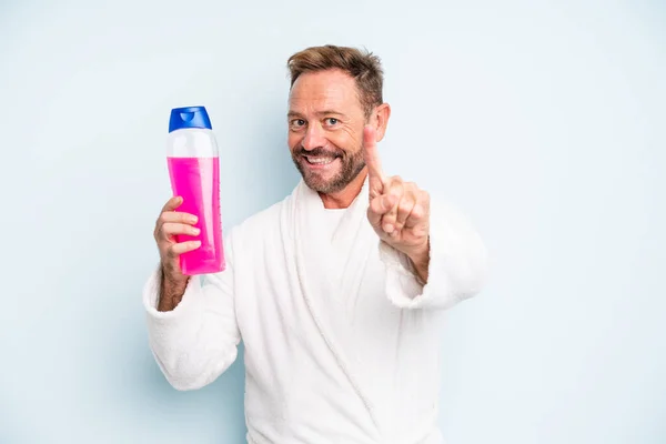 Middle Age Man Smiling Proudly Confidently Making Number One Shampoo — Photo