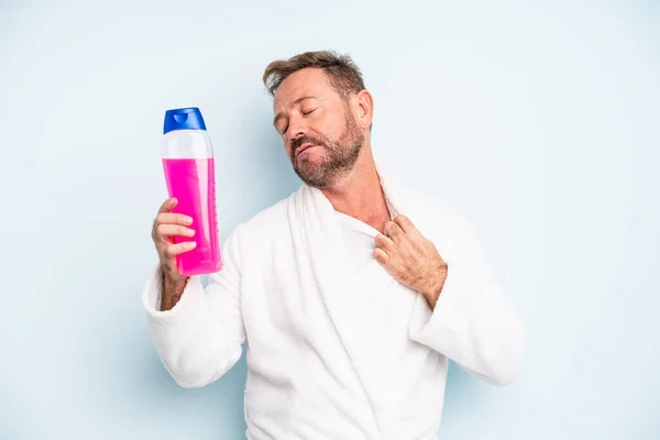 Middle Age Man Feeling Stressed Anxious Tired Frustrated Shampoo Bottle — Stockfoto