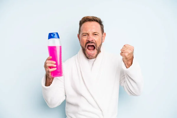 Middle Age Man Shouting Aggressively Angry Expression Shampoo Bottle — Stock Photo, Image