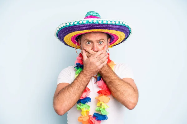 Middle Age Man Covering Mouth Hands Shocked Mexican Culture —  Fotos de Stock