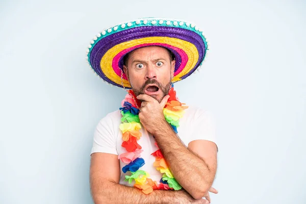 Middle Age Man Mouth Eyes Wide Open Hand Chin Mexican — Stock Photo, Image