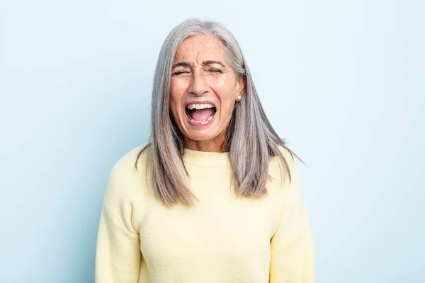 Middle Age Gray Hair Woman Shouting Aggressively Looking Very Angry — Stock Photo, Image