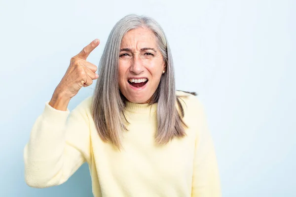 Middle Age Gray Hair Woman Pointing Camera Angry Aggressive Expression — Stock Photo, Image