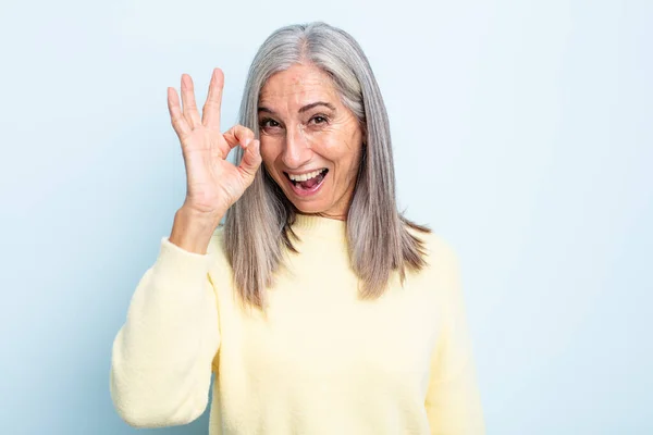 Middle Age Gray Hair Woman Feeling Successful Satisfied Smiling Mouth — Stock Photo, Image