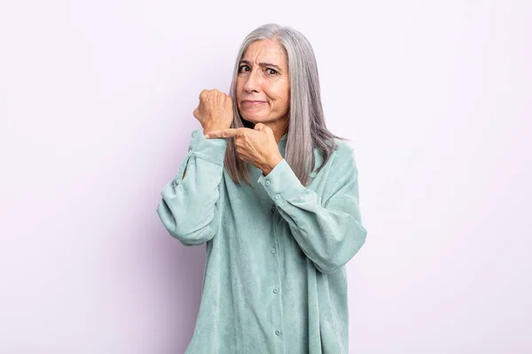 Middle Age Gray Hair Woman Looking Impatient Angry Pointing Watch — Stock Photo, Image