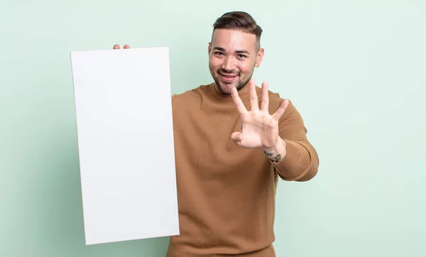 Young Handsome Man Smiling Looking Friendly Showing Number Four Empty — Stock Photo, Image