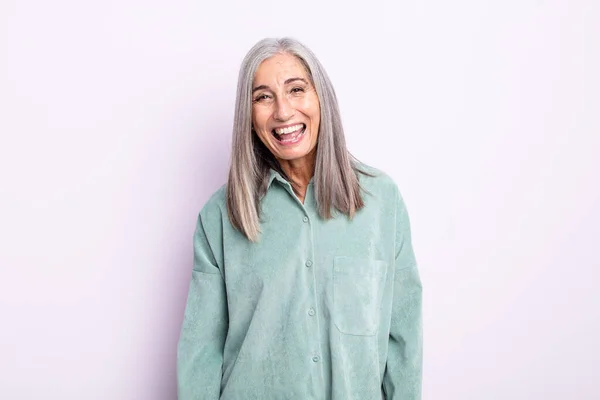 Middle Age Gray Hair Woman Big Friendly Carefree Smile Looking — Stock Photo, Image