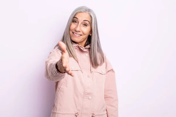 Middle Age Gray Hair Woman Smiling Looking Happy Confident Friendly — Stock Photo, Image