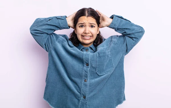 Pretty Teenager Woman Feeling Stressed Worried Anxious Scared Hands Head — Stock Photo, Image