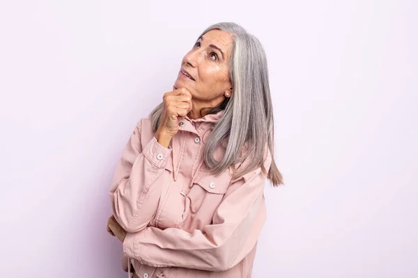 Middle Age Gray Hair Woman Feeling Thoughtful Wondering Imagining Ideas — Stock Photo, Image