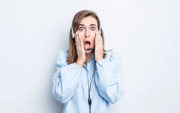 Young Pretty Woman Feeling Shocked Scared Telemarketer Concept — Stock Photo, Image