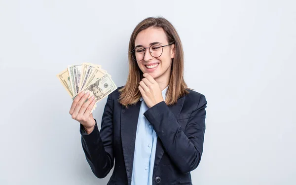 Young Pretty Woman Smiling Happy Confident Expression Hand Chin Dollar — Stock Photo, Image