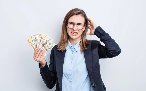 Young Pretty Woman Feeling Stressed Anxious Scared Hands Head Dollar — Stock Photo, Image