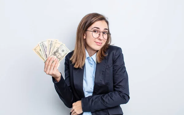 Young Pretty Woman Shrugging Feeling Confused Uncertain Dollar Banknotes Concept — Stock Photo, Image