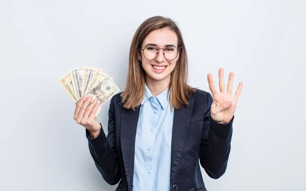 Young Pretty Woman Smiling Looking Friendly Showing Number Four Dollar — Stock Photo, Image