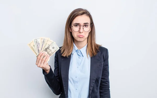 Young Pretty Woman Feeling Sad Whiney Unhappy Look Crying Dollar — Stock Photo, Image