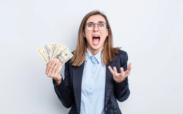 Young Pretty Woman Looking Desperate Frustrated Stressed Dollar Banknotes Concept — Stock Photo, Image