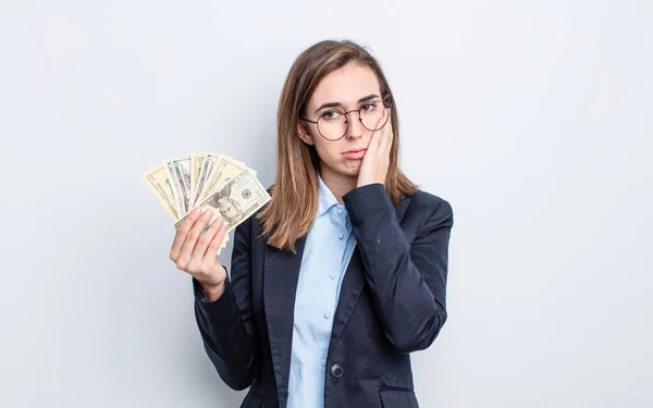 Young Pretty Woman Feeling Bored Frustrated Sleepy Tiresome Dollar Banknotes — Stock Photo, Image