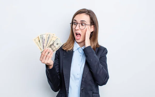 Young Pretty Woman Feeling Happy Excited Surprised Dollar Banknotes Concept — Stock Photo, Image