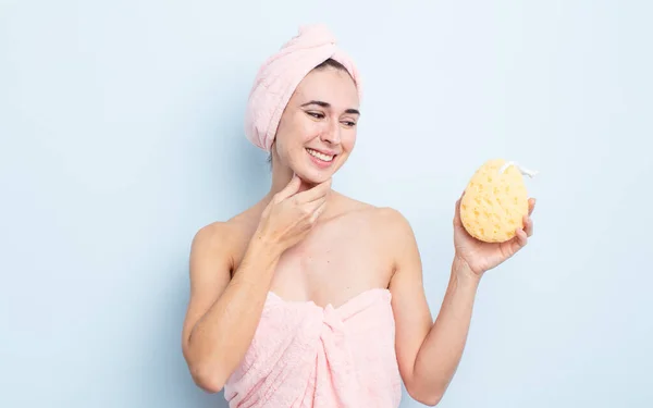 Young Pretty Woman Smiling Happy Confident Expression Hand Chin Shower — Stock Photo, Image