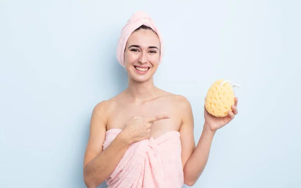 Young Pretty Woman Smiling Cheerfully Feeling Happy Pointing Side Shower — Stock Photo, Image