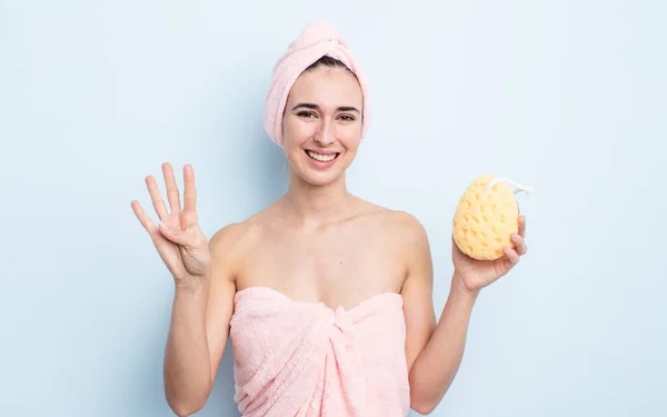 Young Pretty Woman Smiling Looking Friendly Showing Number Four Shower — Stock Photo, Image