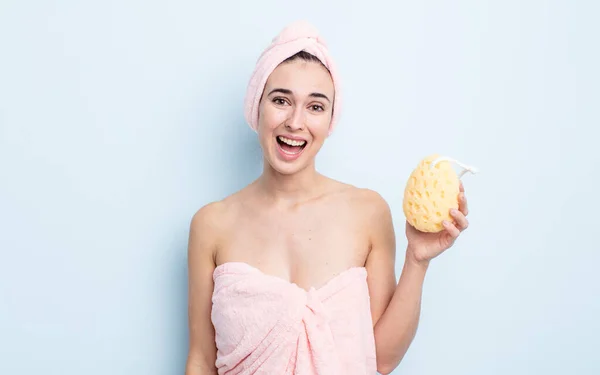 Young Pretty Woman Looking Happy Pleasantly Surprised Shower Sponge Concept — Stock Photo, Image